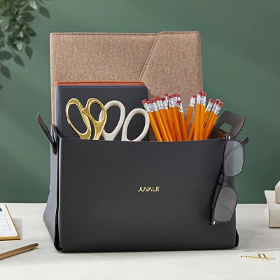 Juvale 2 Pack Faux Leather Foldable Storage Bins With Handles, Collapsible Baskets For Home Organization, Black, 10 X 6.5 In - Image 2