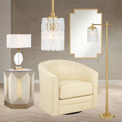 Possini Euro Design Kinsey Modern Downbridge Floor Lamp 67" Tall Warm Brass Metal Stone Pattern Glass Shade For Living Room Reading Bedroom Office - Image 8