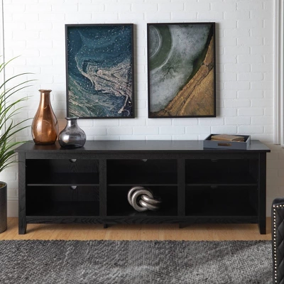 Transitional 6 Cubby Wood Open Storage Wood TV Stand For TVs Up To 80"- Saracina Home - Image 5