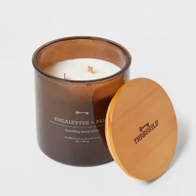 23oz XL 3-Wick Eucalyptus + Palm Wooden Amber Glass With Wood Lid And Stamped Logo Amber - Threshold™ - Image 2