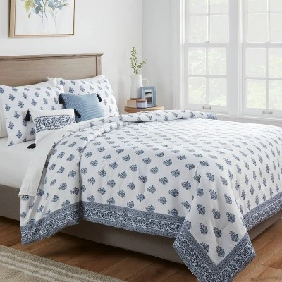 5pc Block Print With Border Comforter Bedding Set White/Blue - Threshold™